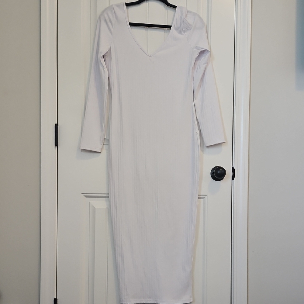 White Ribbed BodyCon Long Sleeve Dress Size L - Picture 2 of 6